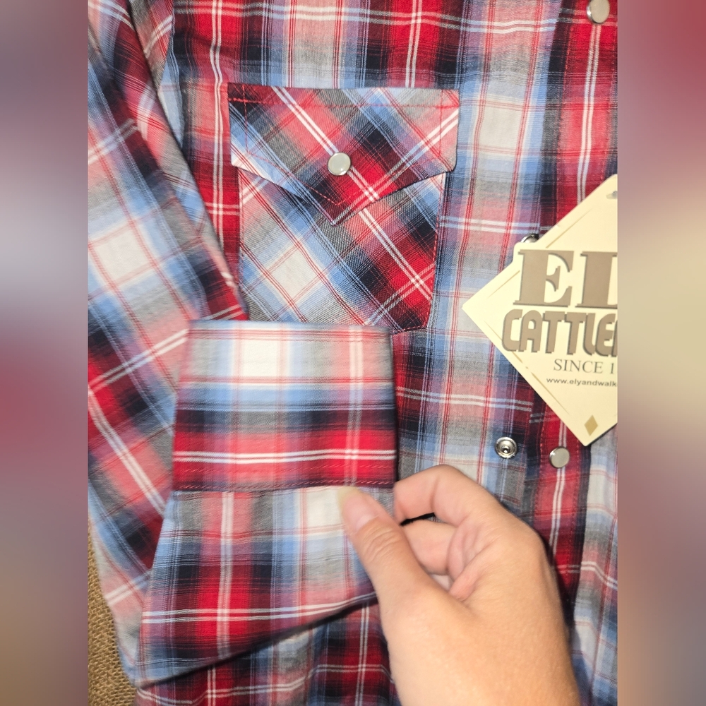 NWT Boy's Ely Cattleman Multicolor Plaid Shirt Size 12 Red White Blue - Picture 5 of 10